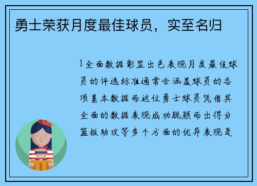 勇士荣获月度最佳球员，实至名归