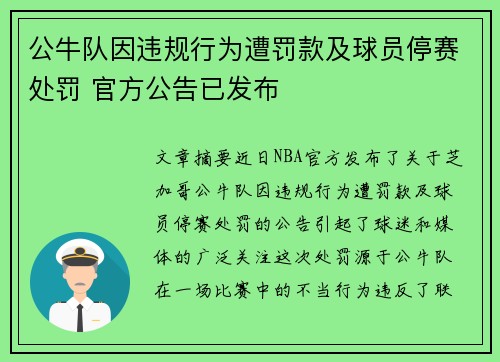 公牛队因违规行为遭罚款及球员停赛处罚 官方公告已发布